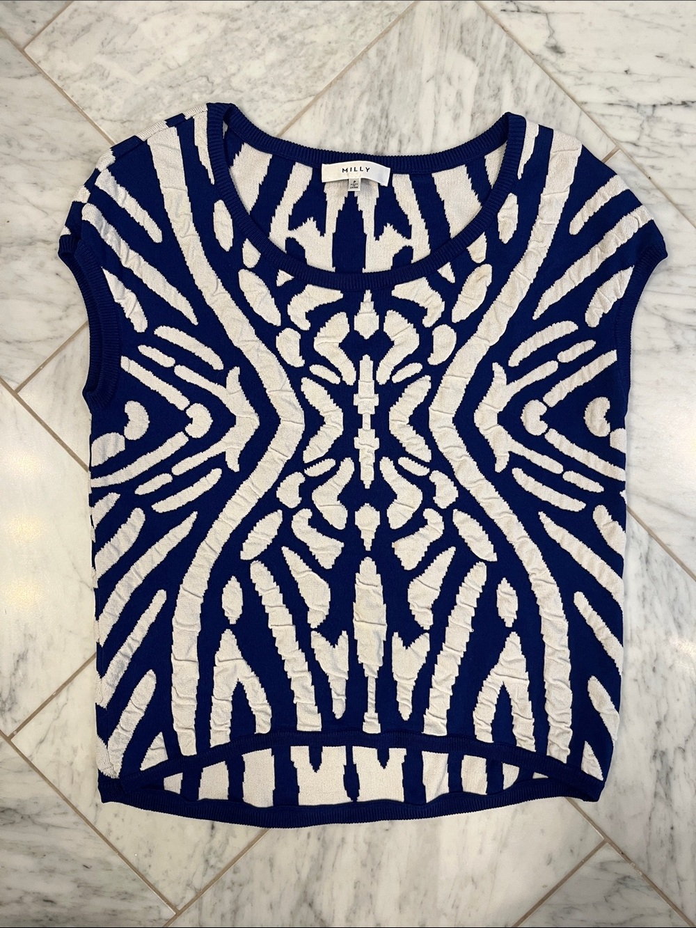 Milly Blue and White Abstract Pattern Knit Tank